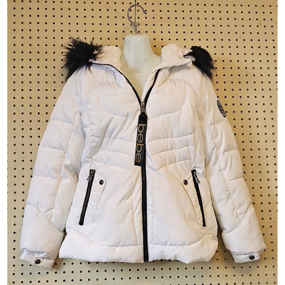 Bebe White Puffer Jacket Faux Fur Hood Fleece Lined Rhinestone Logo Women Medium